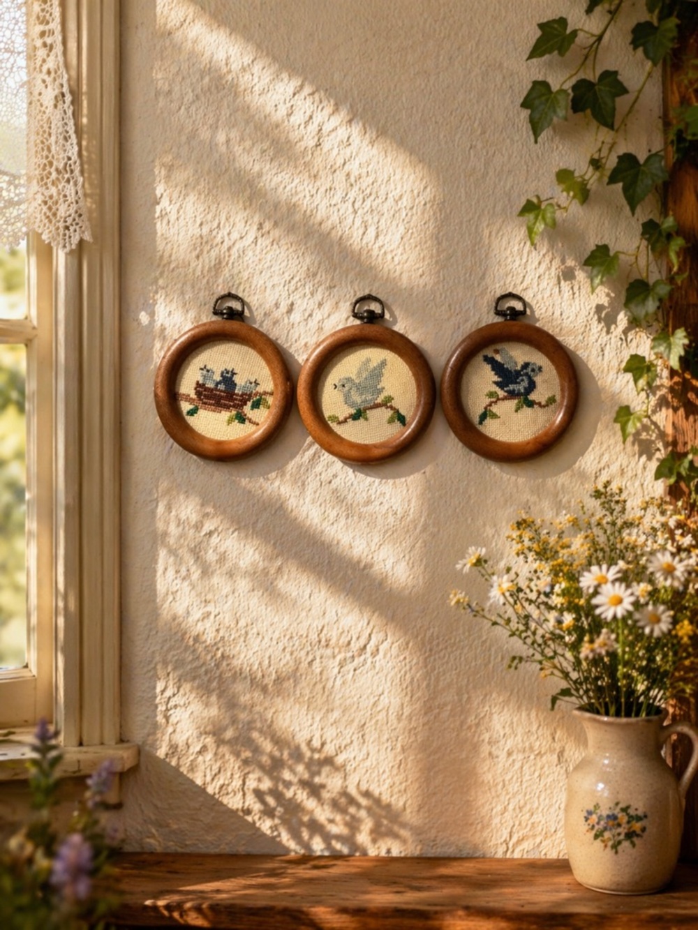 Vintage Mini Bird Embroidery Wall Art Set (3) • Wooden Hoop Frames • Folk Story - Picture 13 of 13